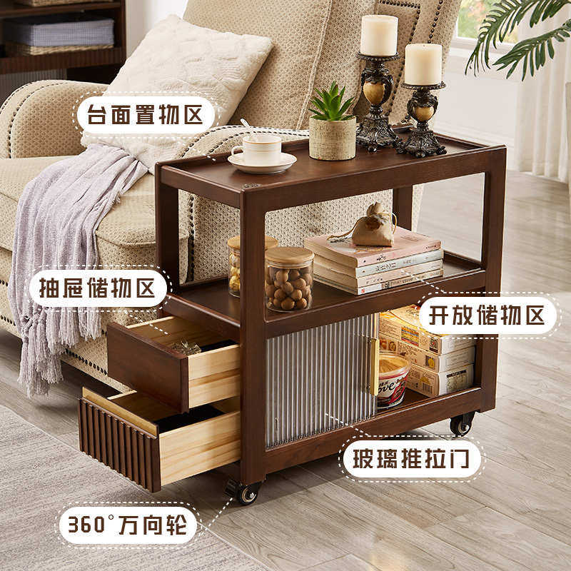 可移动沙发边几实木推车柜侧边桌物带轮储茶桌窄柜物边置客厅茶几