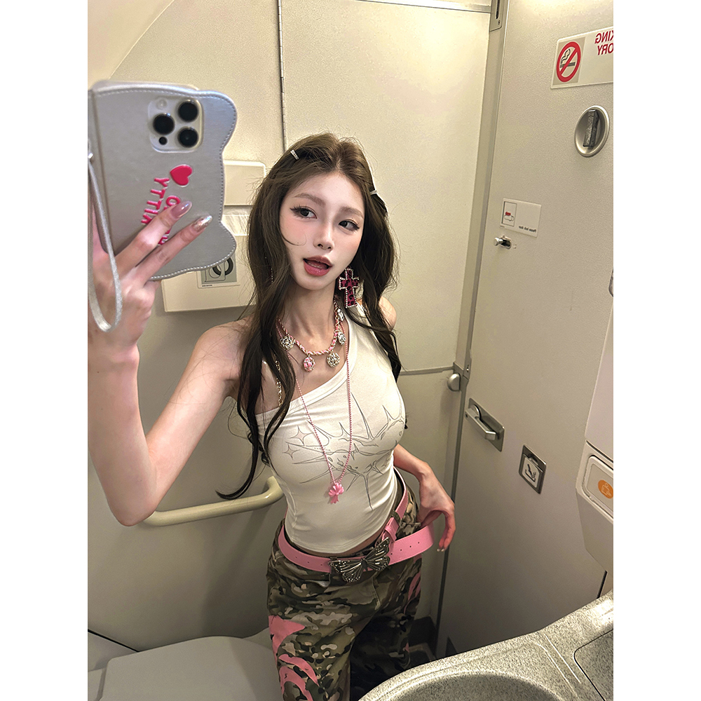 Pinksoya 吻痕感应 斜肩设计感露背背心女夏新款美式辣妹绑带上衣
