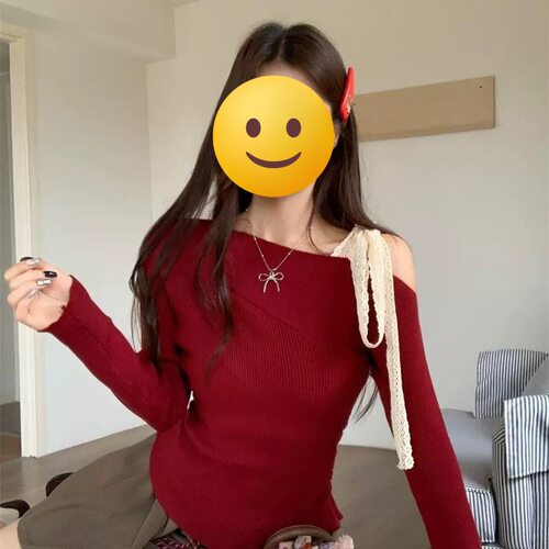 甜美可拉红蝴蝶结纯欲风优雅纪念日蕾丝战袍wooha本命打底衫上衣