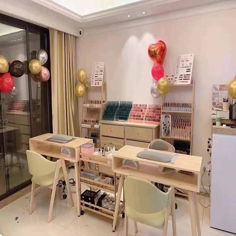 日式吸尘美甲桌子实木美甲台网红原木风美甲桌子椅子套装双层收纳
