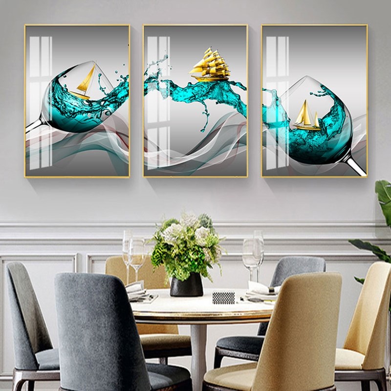 定做现代简约创意装饰画餐厅饭厅背景墙面挂画轻奢风三联酒杯歺厅图片