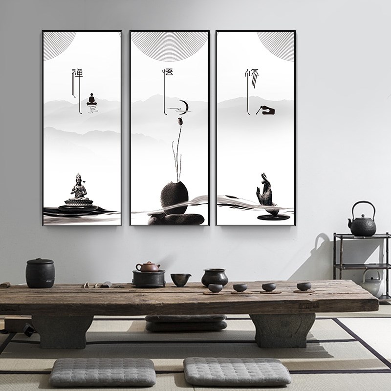 定做新中式水墨装饰画三联画办公室茶室禅意山水挂画书房客厅字画