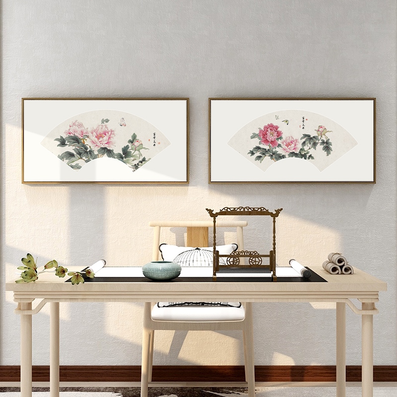 客厅扇形牡丹花装饰画新中式定做花开富贵挂画茶室背景墙面壁画图片