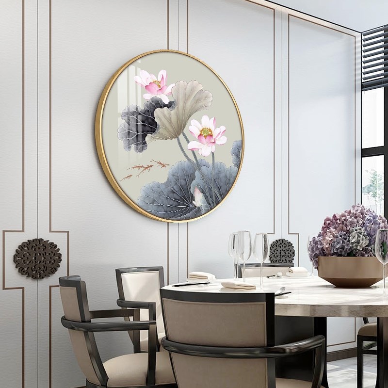 装饰画新中式荷花卧室圆形玄关挂画客厅床头中国风壁画背景墙定做图片