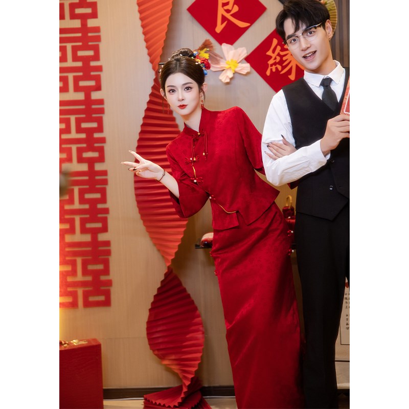 好货新中式红色套装敬酒服新娘结婚嫁衣简约秀禾服婚服长袖订婚礼