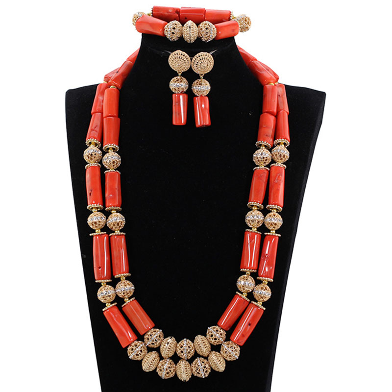 Long Style Coral and Dubai Gold African Beads Necklace Jewel