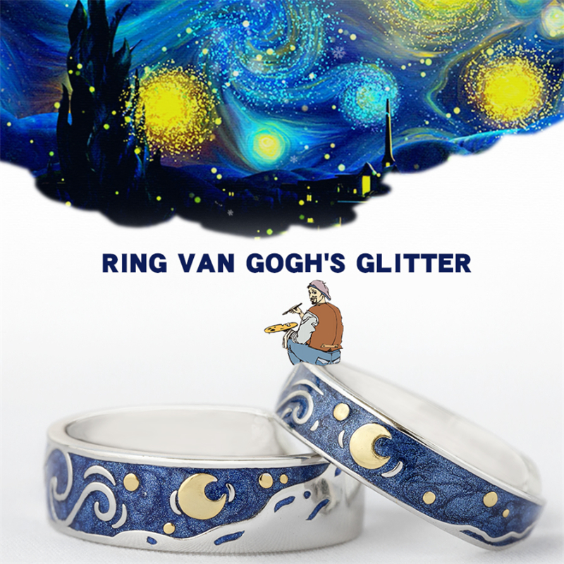 Prevent Allergy Moon Starry Night Van Gogh Couple Rings Art