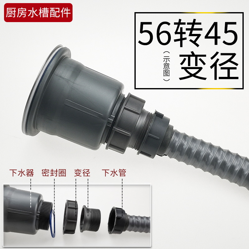 厨房水槽下水器变径菜盆下水管转接头45转30/56/58MM活接螺帽