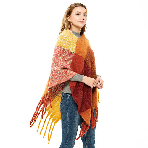 Womens Cape Cape thick tassel ring yarn big check European