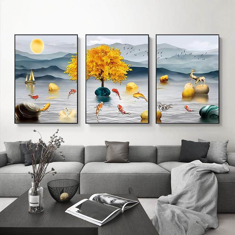 5d钻石画 画九鱼图现代简约客厅发财树三联画 画点钻十字绣手工20
