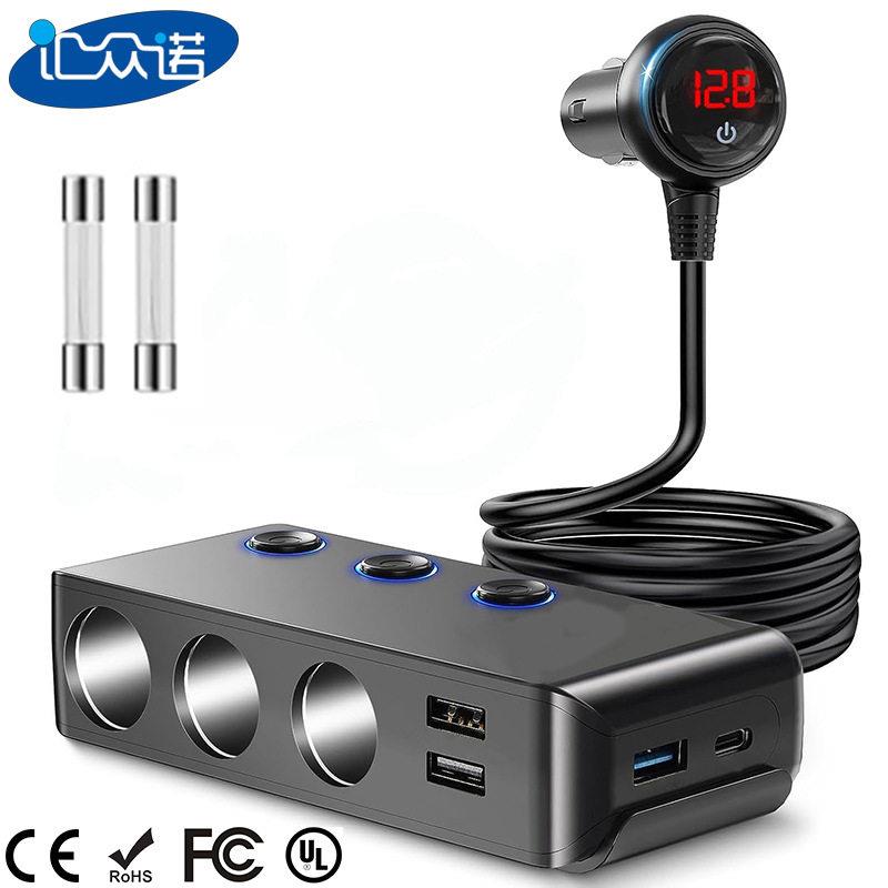 车载点烟器一拖三USB Type C口独立开关QC3.0/pd快充140W功率数显
