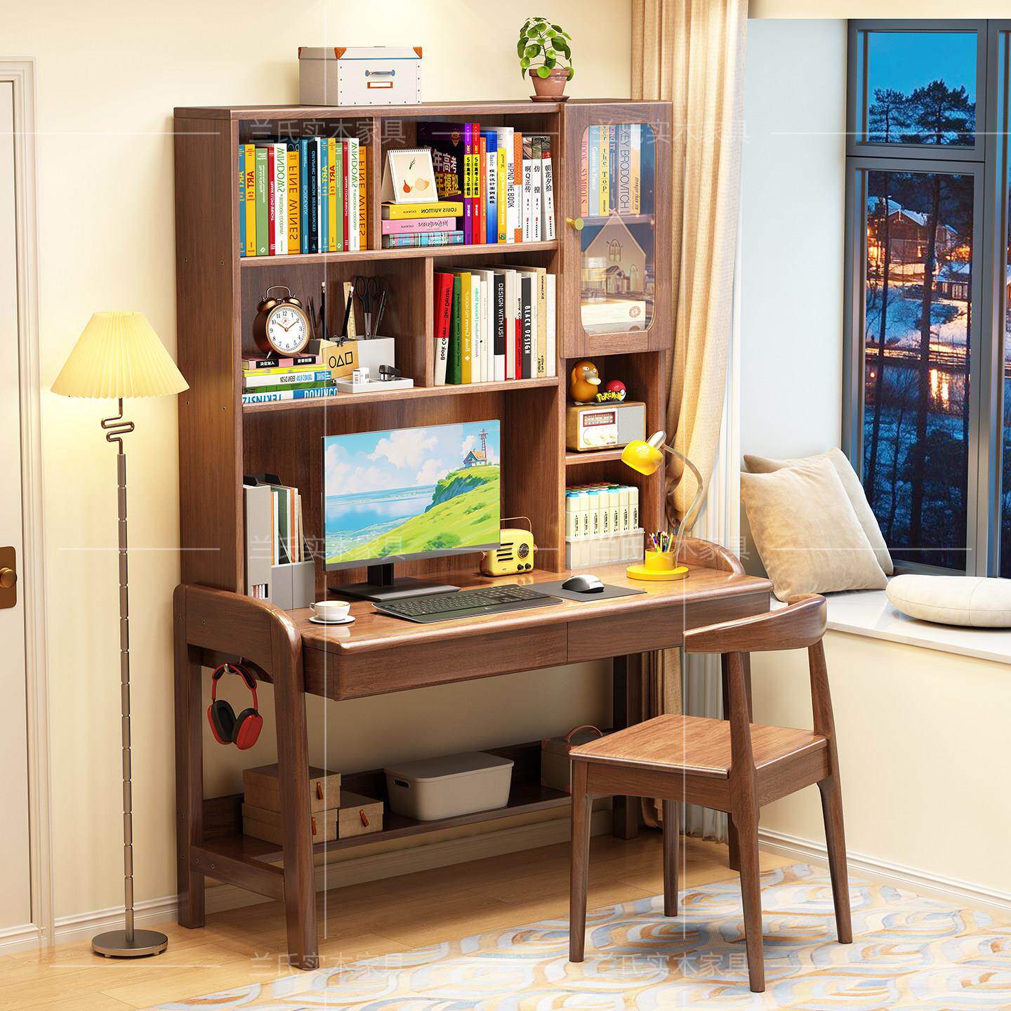 实木书桌书架一体桌家用电脑桌客厅书房学习桌子学生可升降书桌