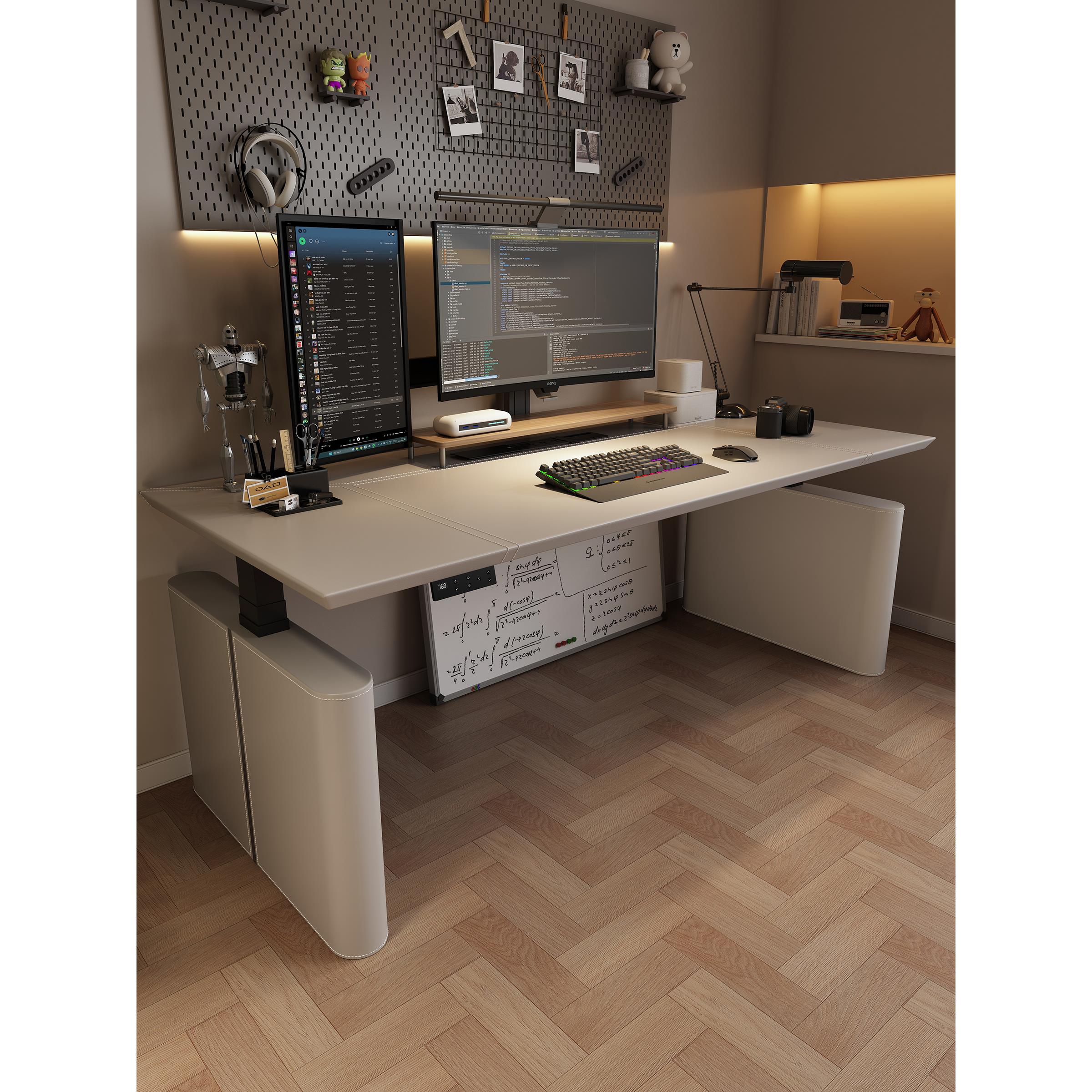 电动升降桌电脑桌家用台式立式黑皮革卧室桌办公桌电子竞技桌