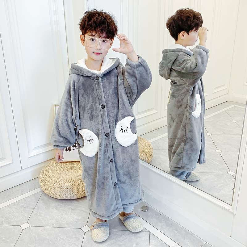 儿童睡衣珊瑚绒秋冬季法兰绒男童孩加厚款连帽月亮睡袍保暖家居服