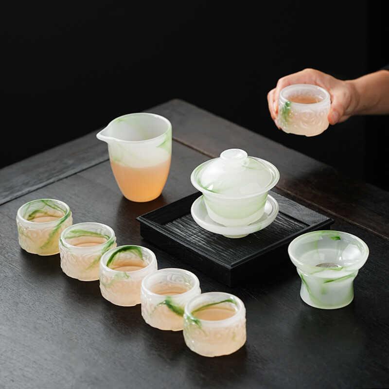 琉璃茶具功夫茶杯玉瓷办公室会客送礼白玉茶壶套组盖碗家用礼盒