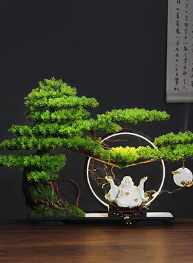 迎客松摆件新中式盆景造景电视柜家居桌面实木根雕彷真树装饰摆饰