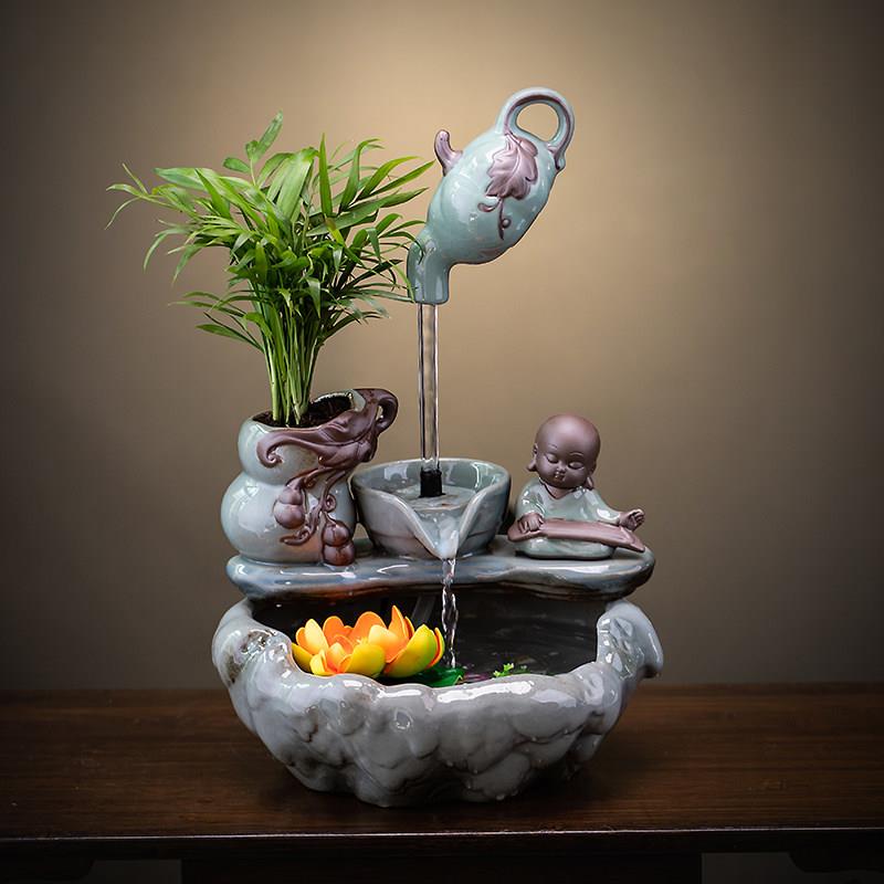 创意悬壶流水摆件循环增氧陶瓷鱼缸装饰生财招财办公桌面鱼缸客厅