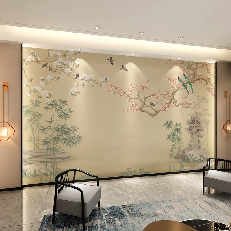 新中式古典花鸟装饰护墙板竹木纤维电视背景墙板客厅卧室集成墙板