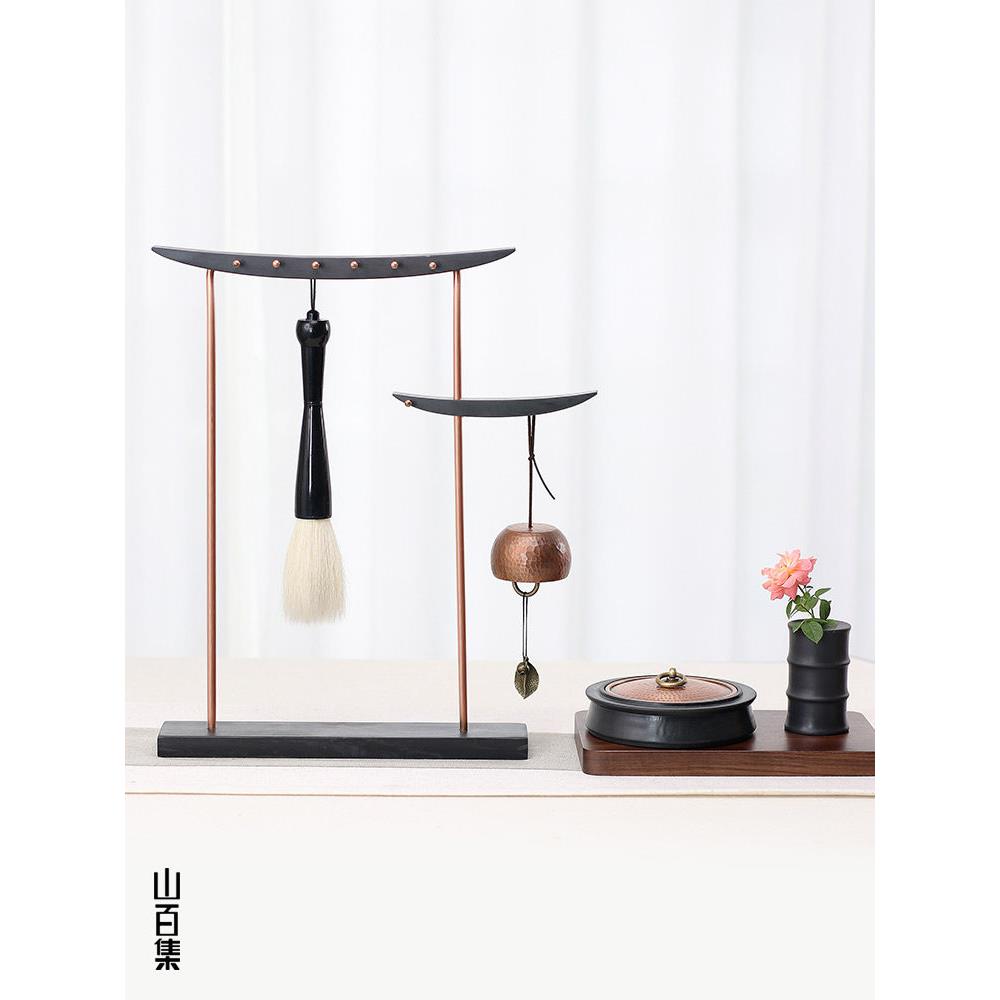 山白记笔挂徽因旋转笔架笔架实木纯铜笔架书斋四宝铜饰品