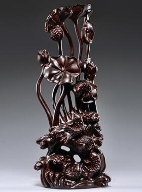 黑檀木鱼根雕刻莲花雕刻装饰品红木家装工艺品开幕乔迁礼物
