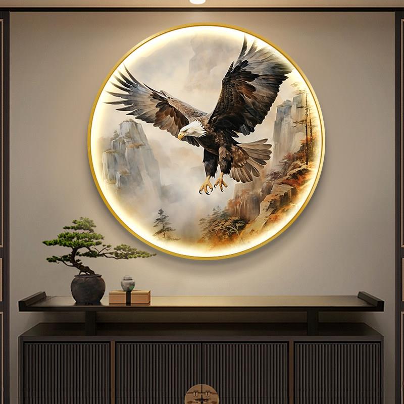大展宏图玄关装饰画 画新中式老鹰LED带灯挂画 画走廊圆形人体感