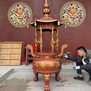 寺庙香炉铸铁大型带盖子彷古定制圆形六龙柱祠堂寺院纯铜道观宗祠