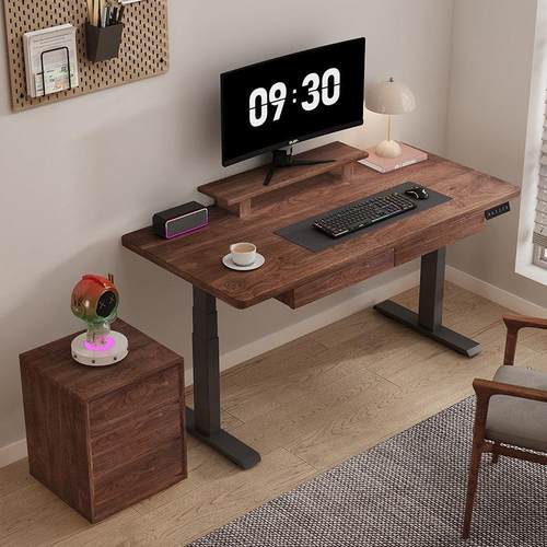 黑胡桃实木电动升降书桌电脑桌双电机智能办公桌工作台学生学习桌