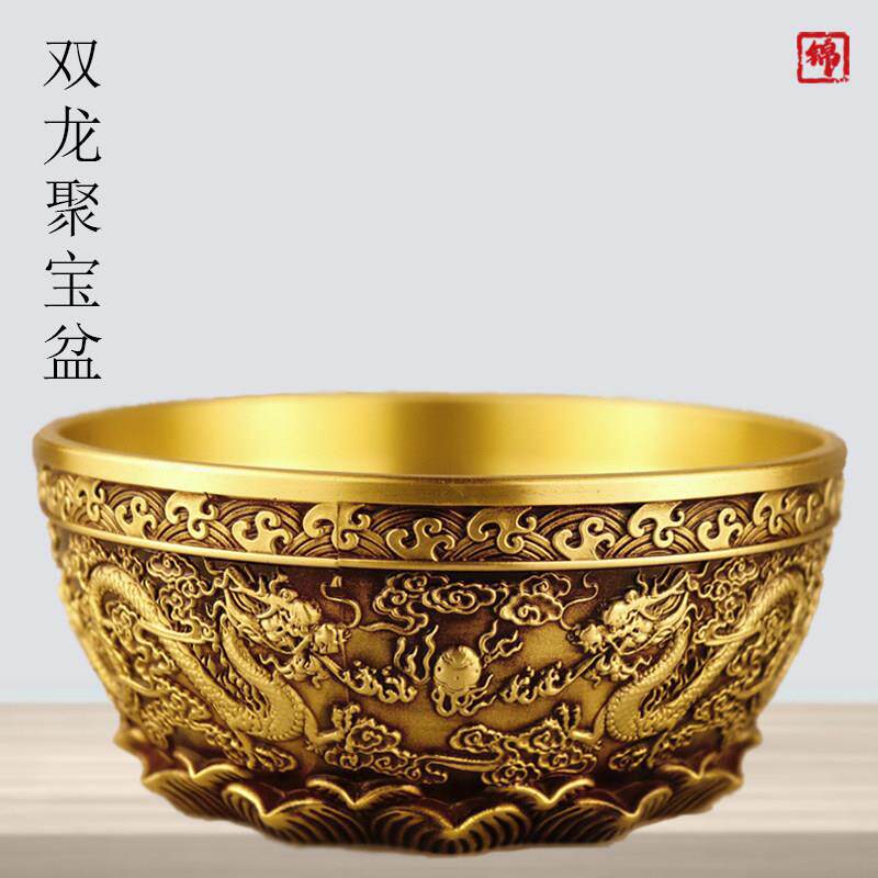 纯铜双龙聚宝盆摆件黄铜客厅装饰实心聚财莲花铜盆双龙戏珠存钱罐