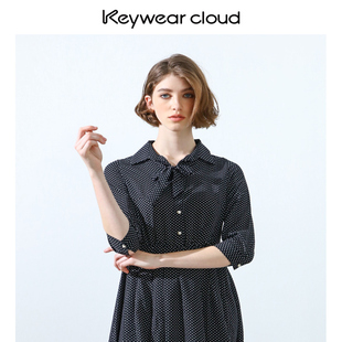 Keywearcloud奇威春夏波点雅韵简约七分袖衬衫裙蝴蝶结领带连衣裙