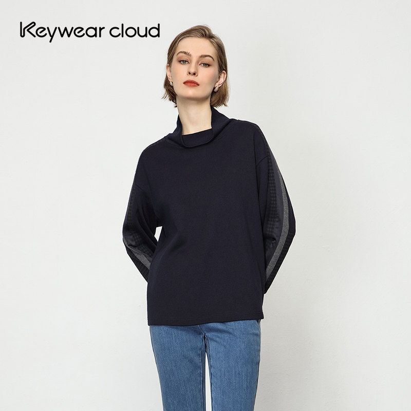 Keywearcloud奇威春秋拼色分割拼接长袖通勤百搭女款上衣卫衣