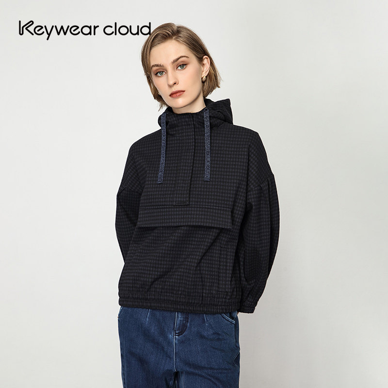 Keywearcloud奇威春夏日常穿搭休闲潮流格纹宽松短款套头连帽卫衣
