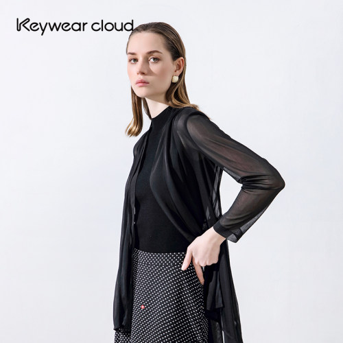 Keywearcloud奇威墨纱雾感黑调浪漫氛围感轻透视开衫小衫