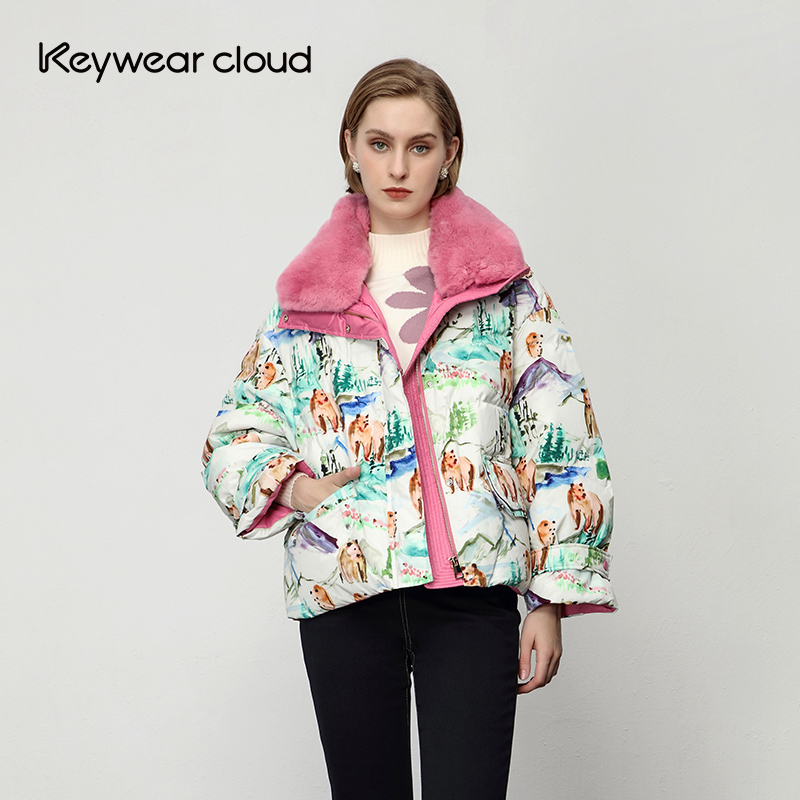 Keywearcloud奇威冬季洋气长袖拼色印花毛领白鹅绒外套女款羽绒服