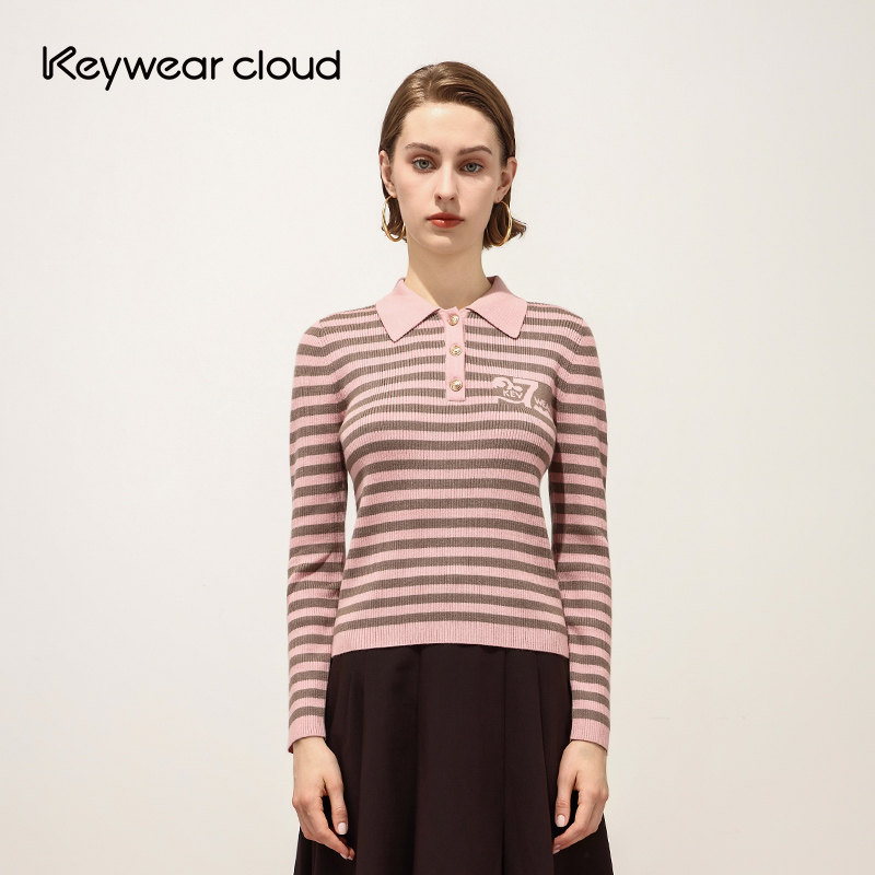 Keywearcloud奇威春夏条纹Polo针织衫女修身复古学院风刺绣毛衣