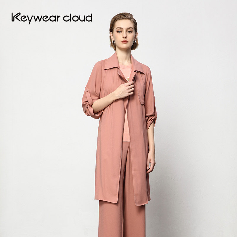 Keywearcloud奇威女装粉红色系带款风衣气质百搭