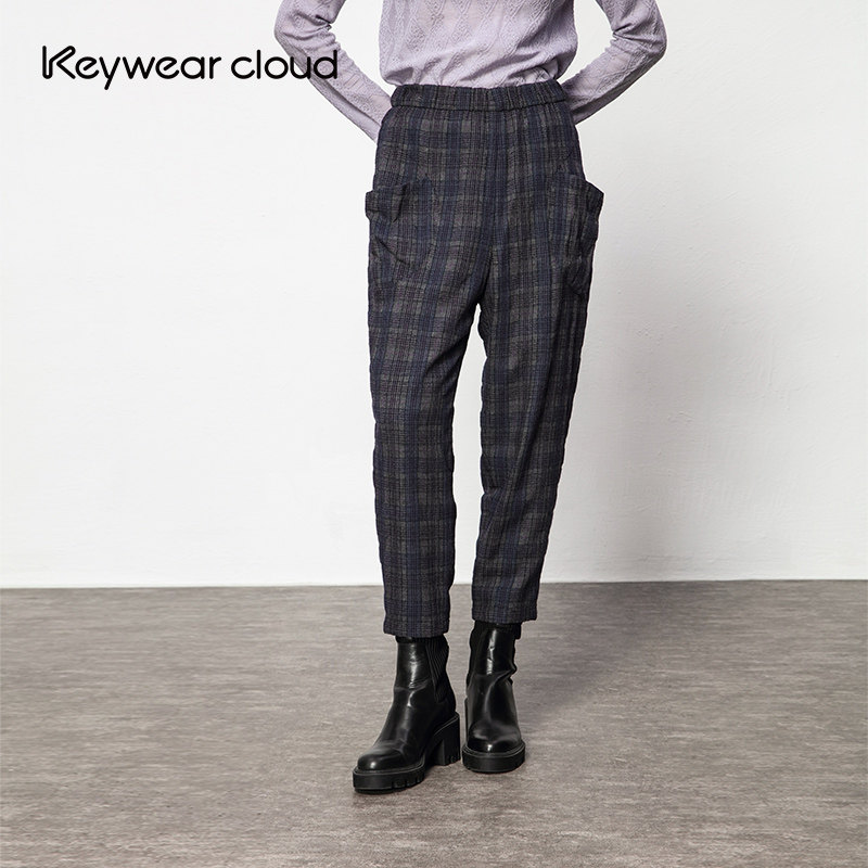 Keywearcloud奇威女装松紧腰秋季高腰时尚格子拼色休闲裤九分裤