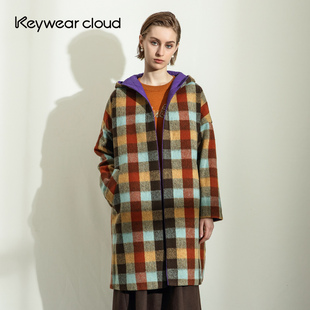 Keywearcloud奇威百搭保暖中长格子毛呢大衣双面