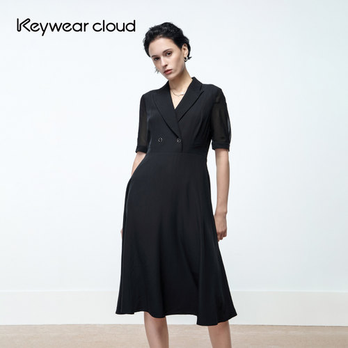 Keywearcloud奇威两粒扣短袖春夏收腰气质大摆连衣裙