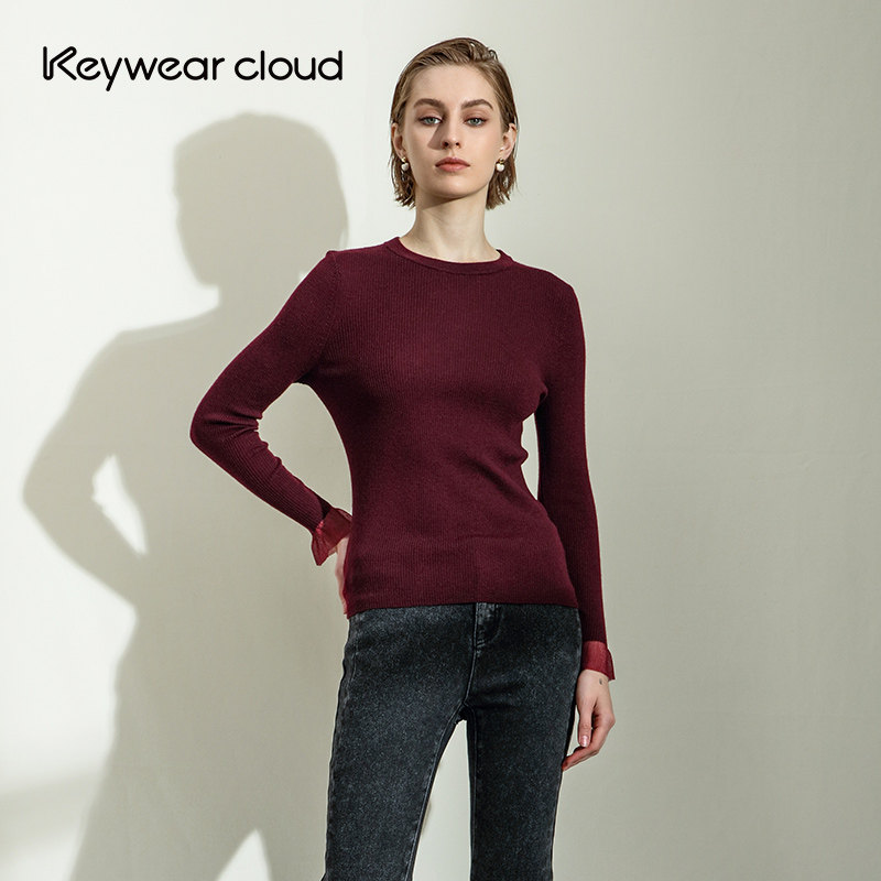 Keywearcloud奇威春夏精致显瘦圆领薄纱喇叭袖打底衫上衣