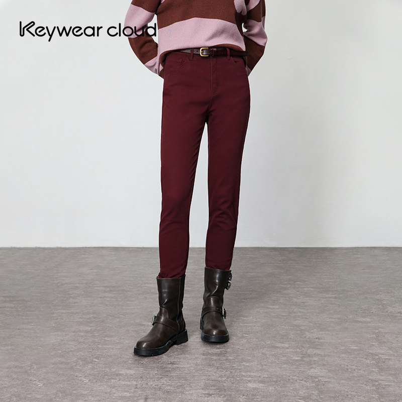 Keywearcloud奇威秋季暗红色紧身小脚牛仔裤长裤