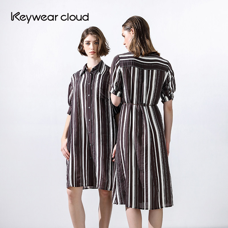 Keywearcloud奇威春夏简雅竖条纹显瘦宽松舒适复古衬衫连衣裙