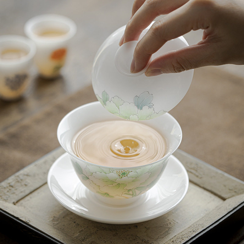 手绘粉彩盖碗茶杯单个高档功夫泡茶三才大号陶瓷不烫手家用敬茶具