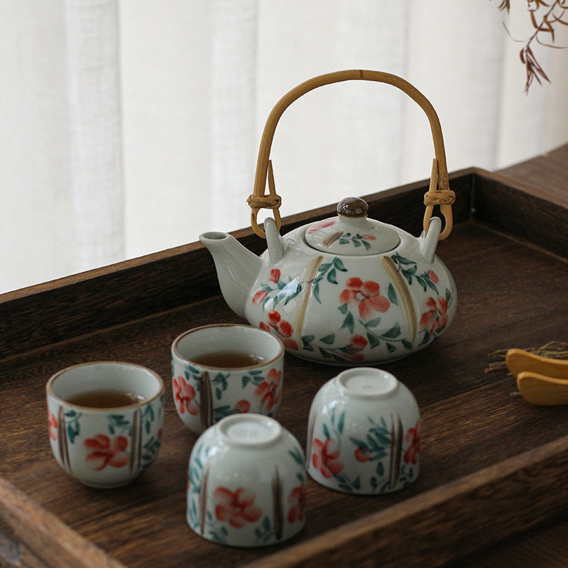 手绘简约秋语田园风茶壶茶杯高温陶瓷茶具套装茶具五件套家用商用