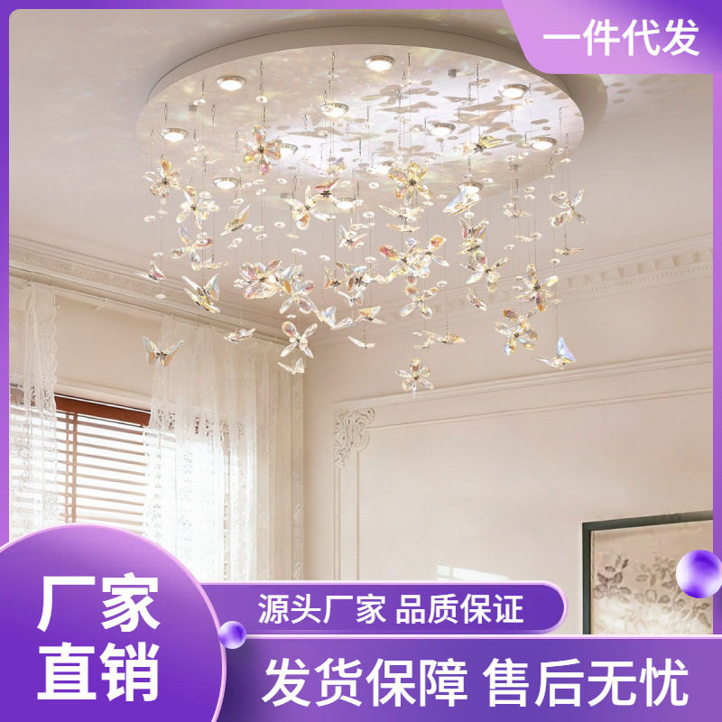 法式轻奢大气蝶恋花水晶吸顶灯客厅卧室餐厅LED圆形别墅复式楼灯