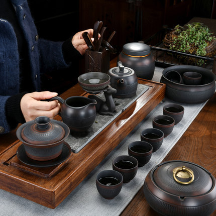 茶具高端礼品套装整套家用简约建水紫陶复古陶瓷盖碗茶杯办公客厅
