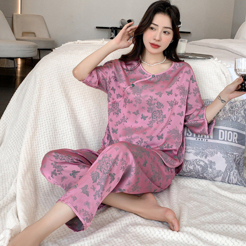 新中式凉感睡衣女士冰丝大尺码国风七分袖薄款家居服夏季可外穿套