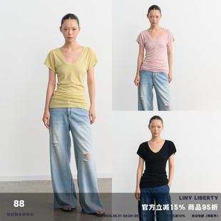 LINY LIBERTY 26SS 70天丝莱赛尔慵懒风U领短袖T恤女夏修身上衣