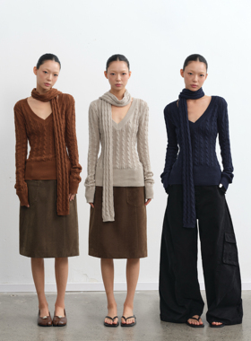 LINY LIBERTY25AW 100%棉复古设计感V领绞花针织衫毛衣女收腰上衣