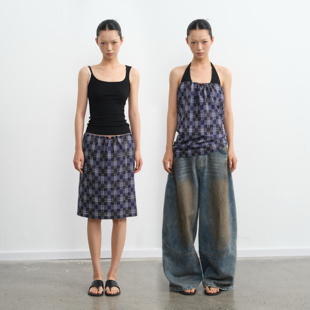 LINY LIBERTY 25SS 100%棉复古设计感蓝色格纹中长款夏薄款半身裙