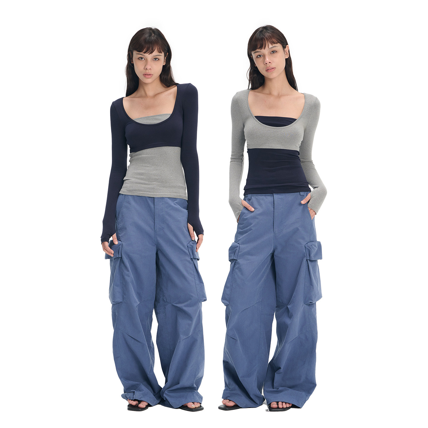 LINY LIBERTY 26AW 撞色假两件结构U领型修身长袖T恤女打底上衣